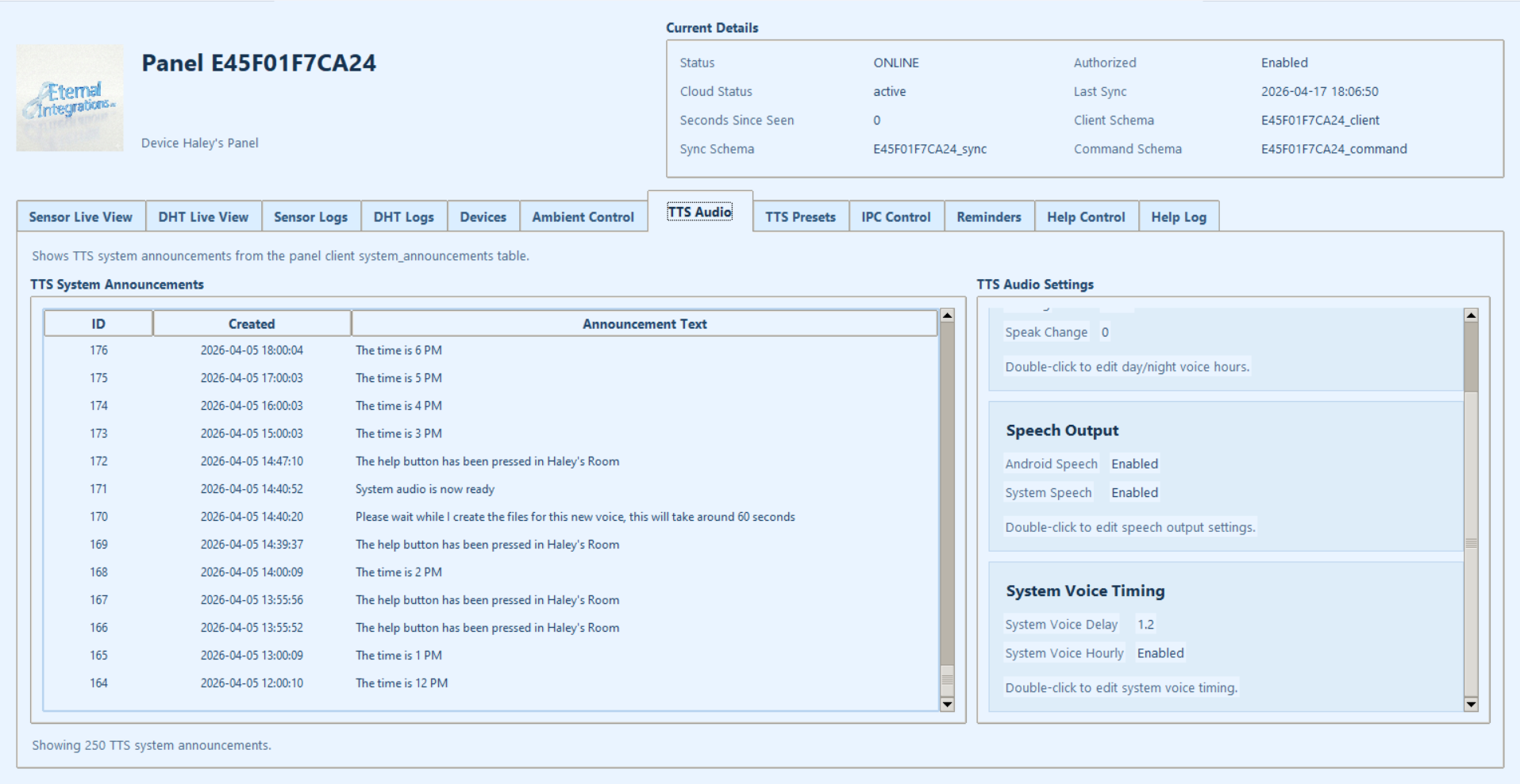 TTS system announcements log with timestamps