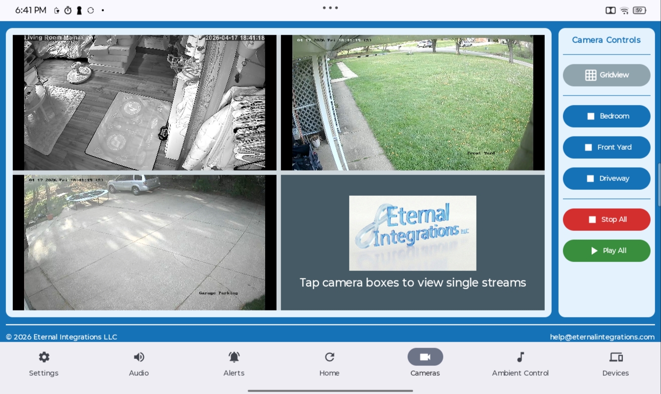 Camera grid view showing live feeds from living room, front yard, and driveway